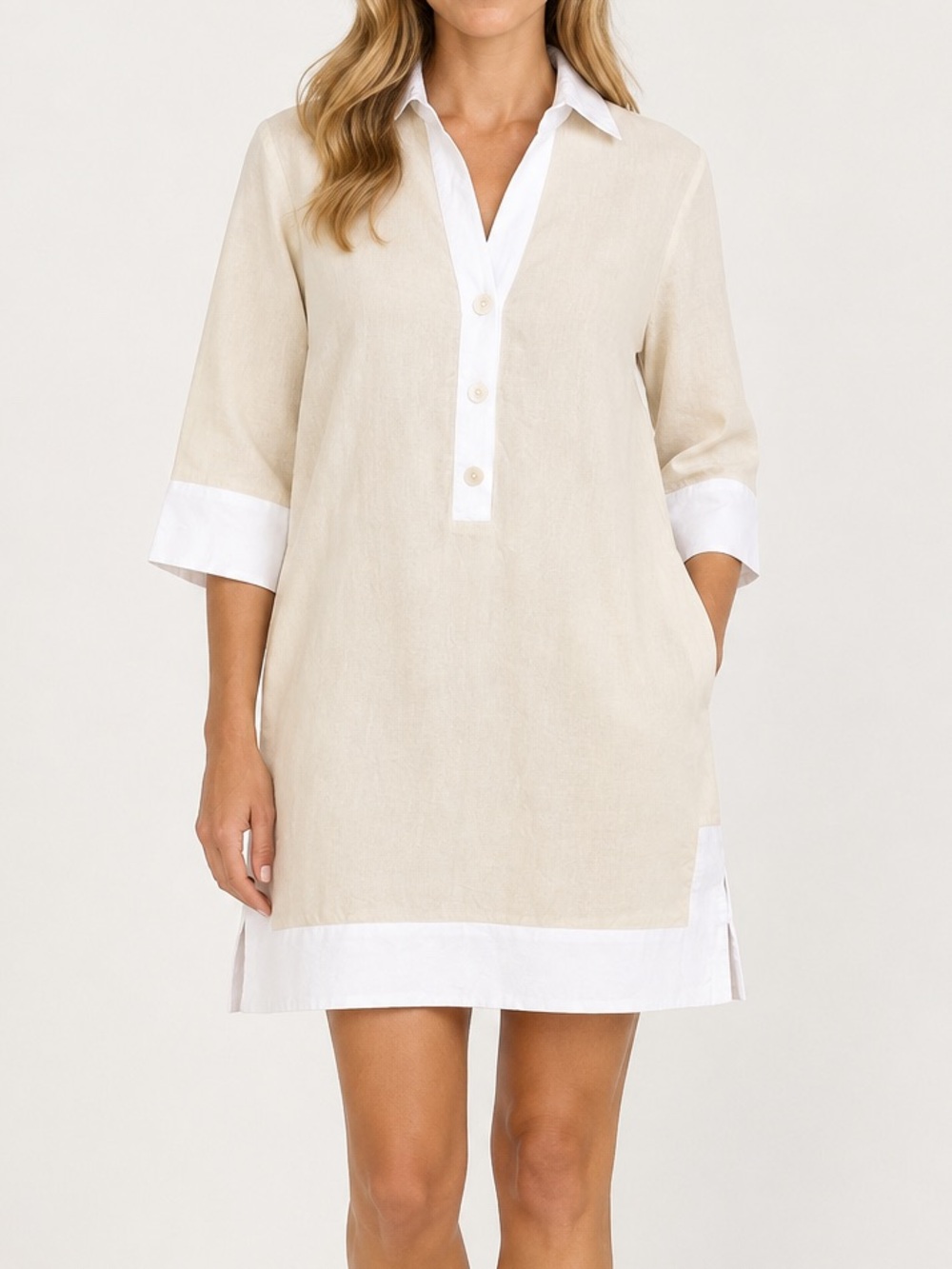 Tuckernuck Collier Linen Contrast Trim Tunic Mini Shift Dress Tan White Size XL